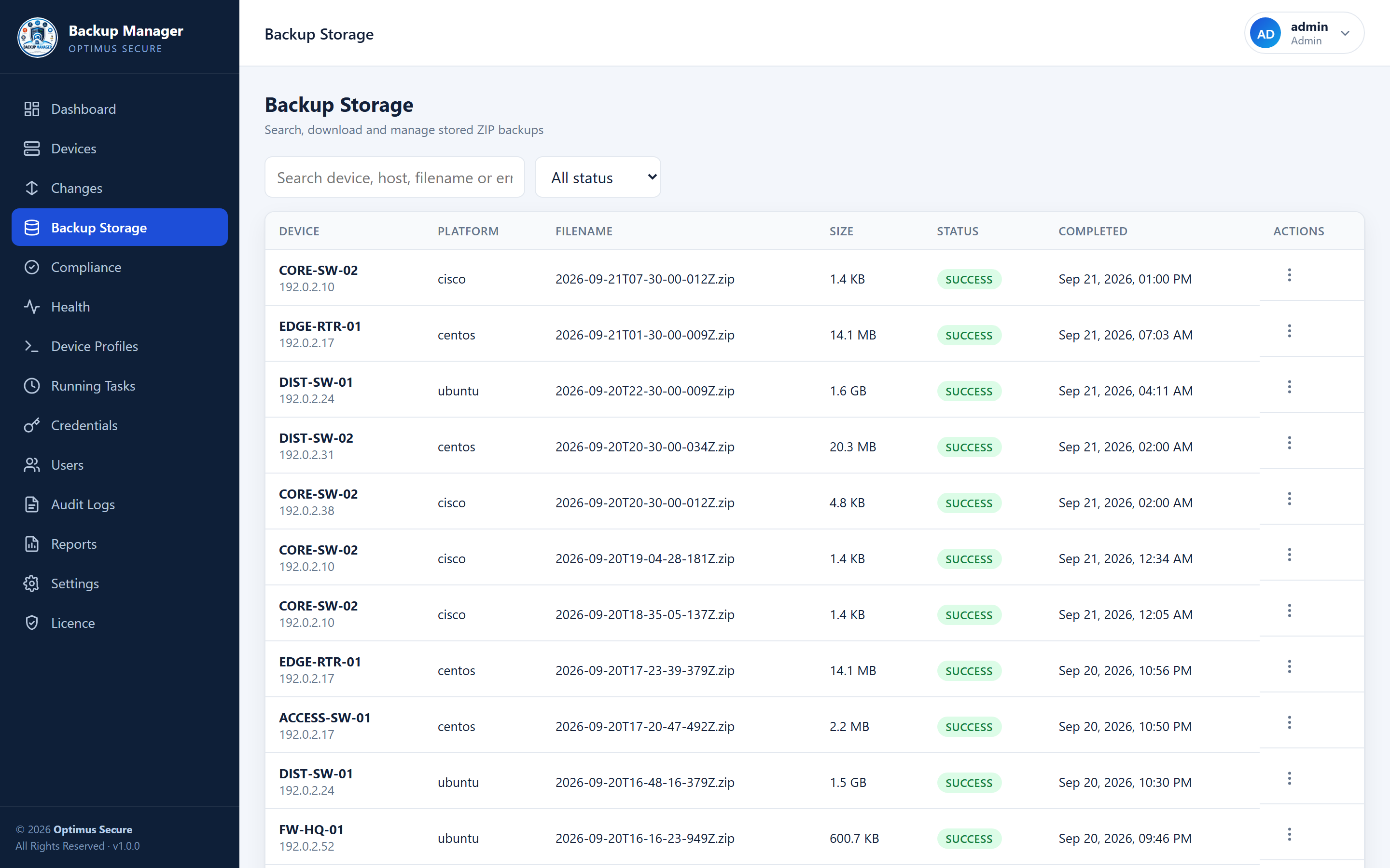 Backup Manager backup storage page listing stored archives with size, status and completion time
