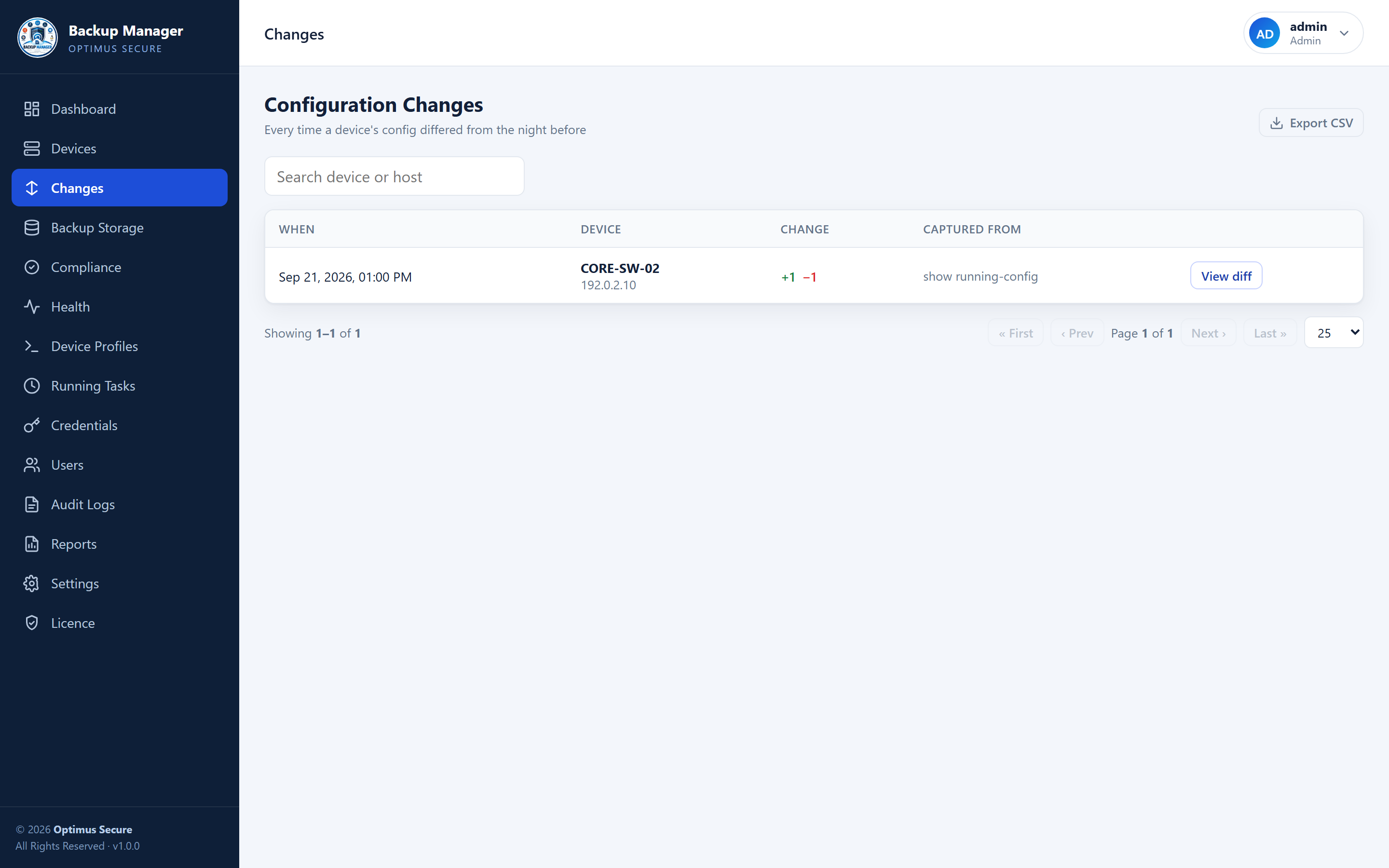 Backup Manager configuration changes page showing which devices changed and how many lines were added or removed