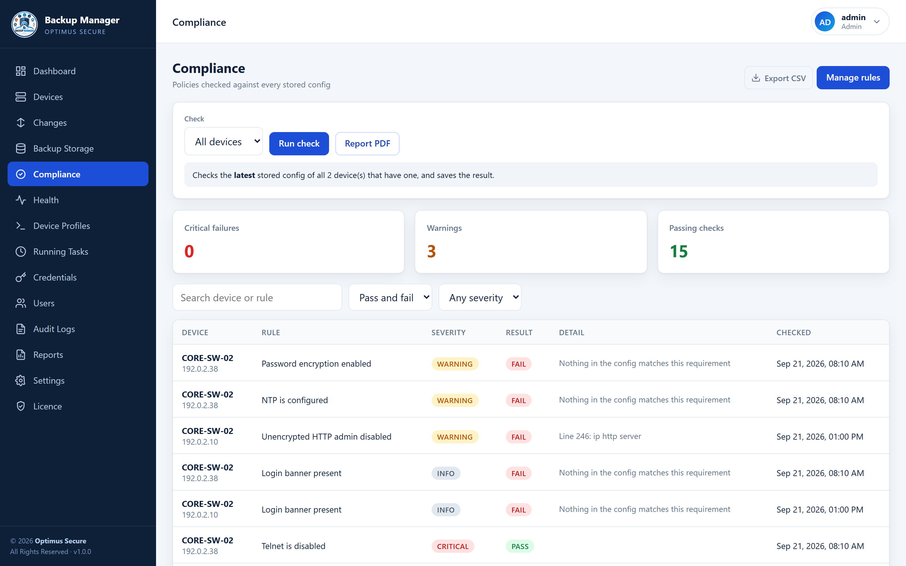 Backup Manager compliance page showing rule results per device with pass and fail status