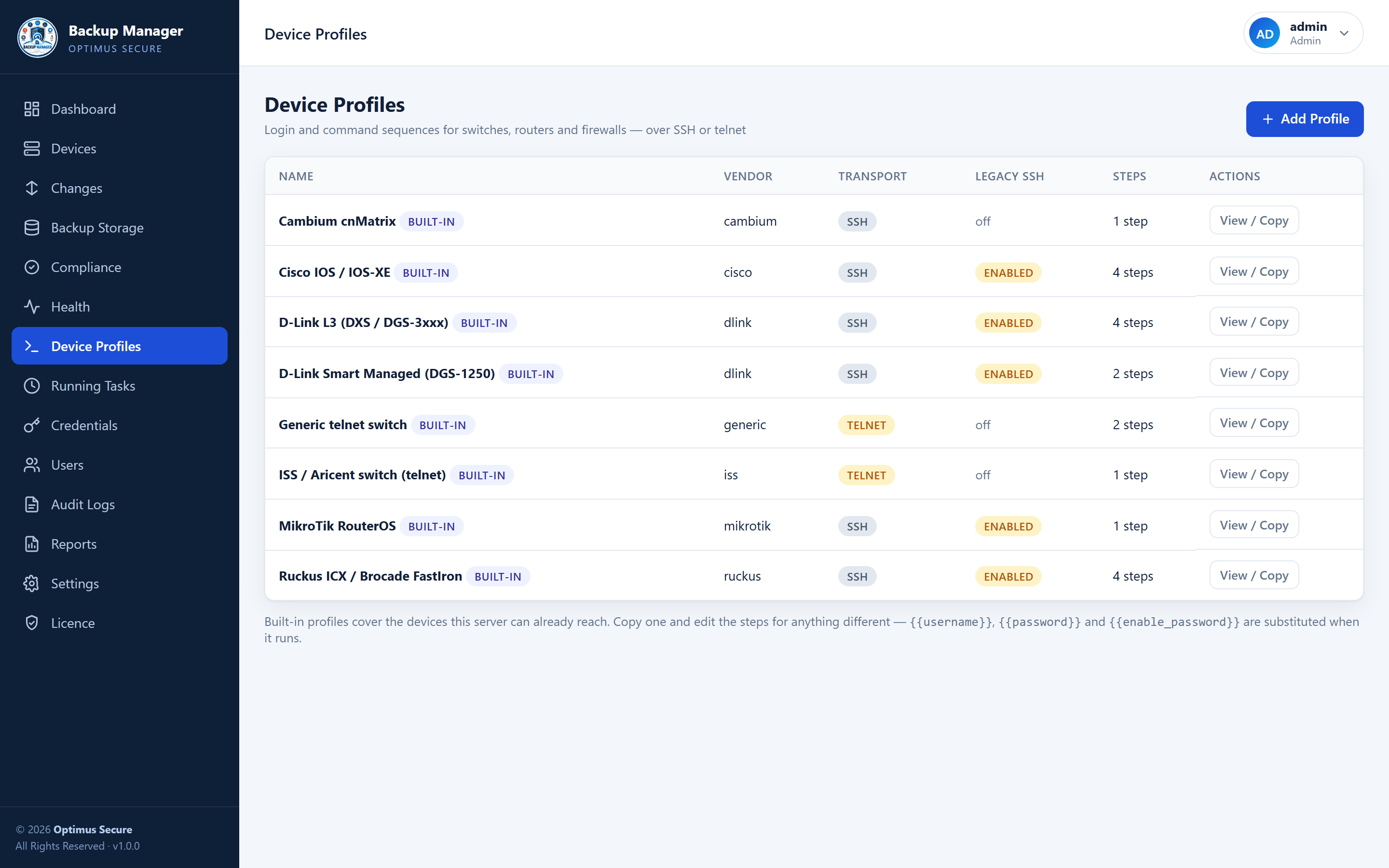 Device Profiles — built-in command sequences, and your own alongside them.