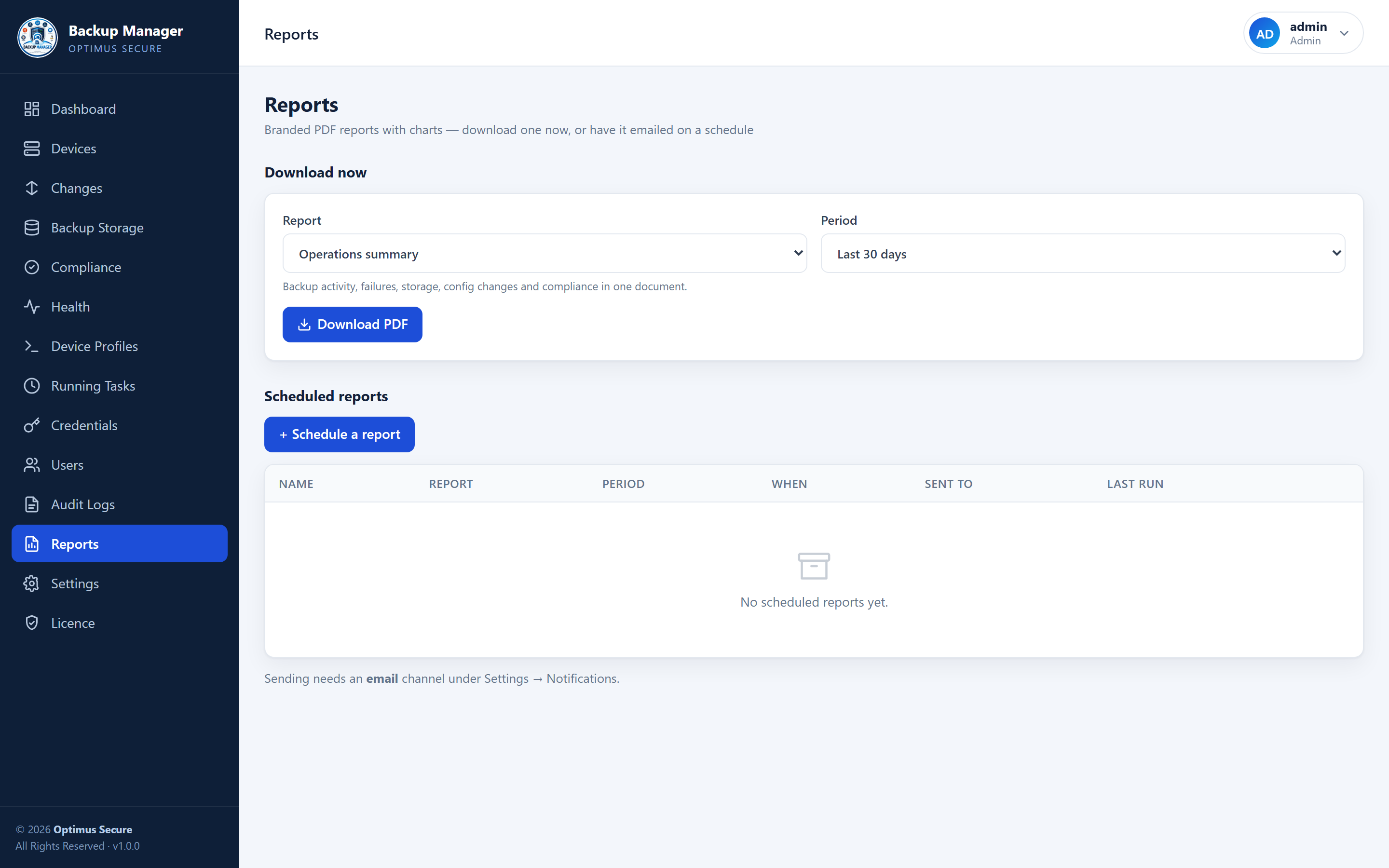 Backup Manager reports page with scheduled PDF reports and recipients