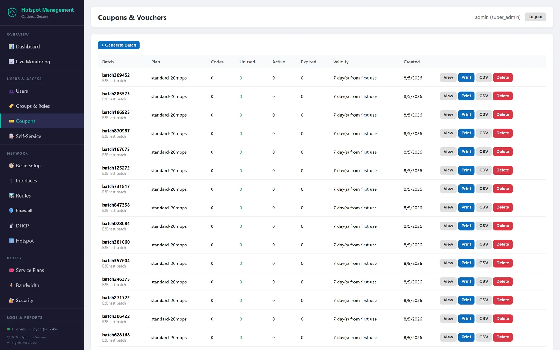 Coupon batches page showing generated access codes with status and expiry