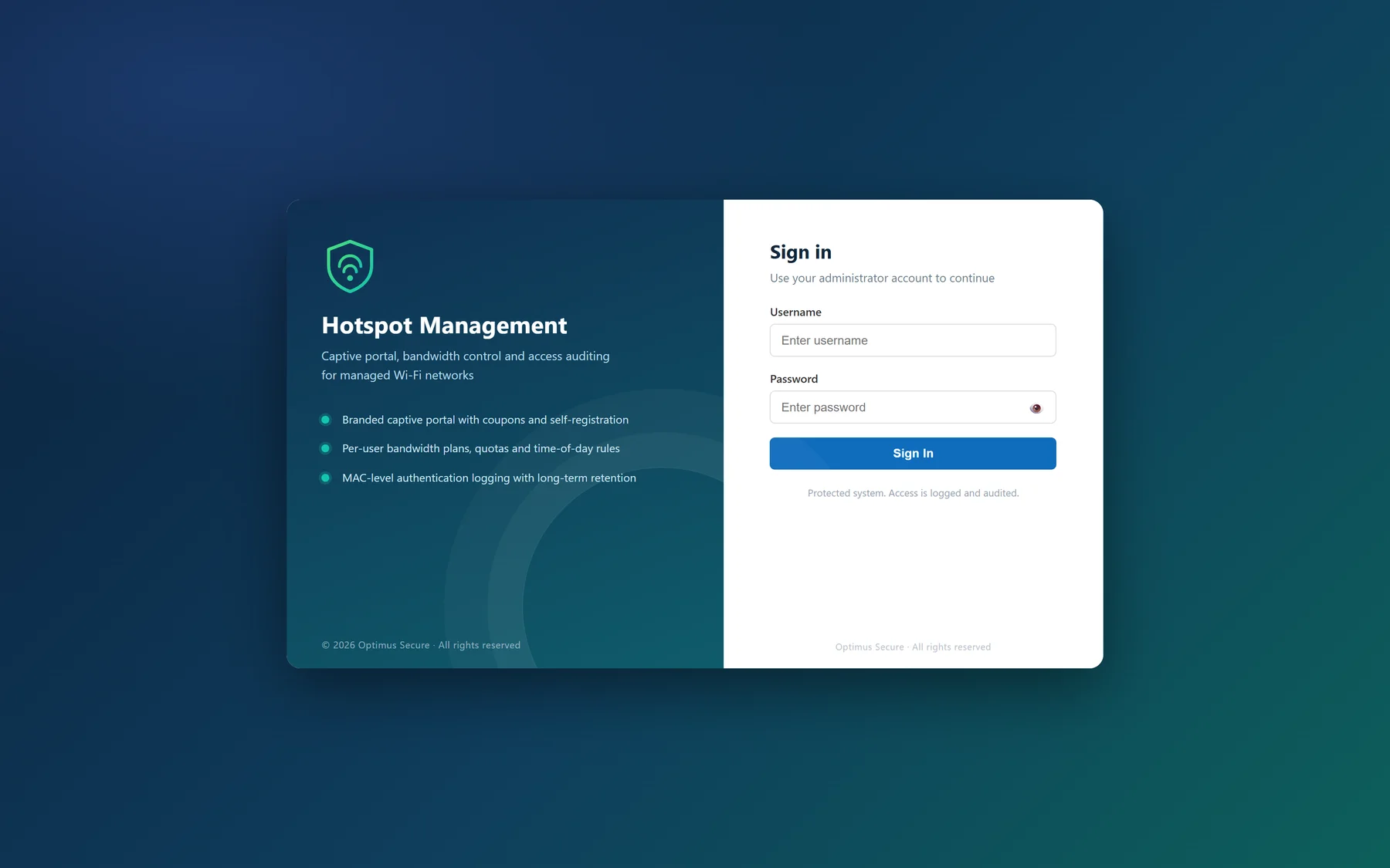 Hotspot Management administrator sign-in page