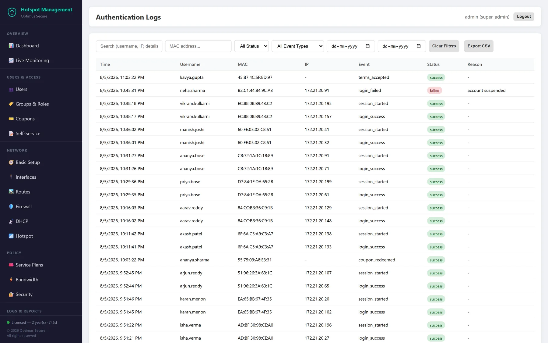 Authentication log showing username, MAC address, IP, event type and status for each login attempt