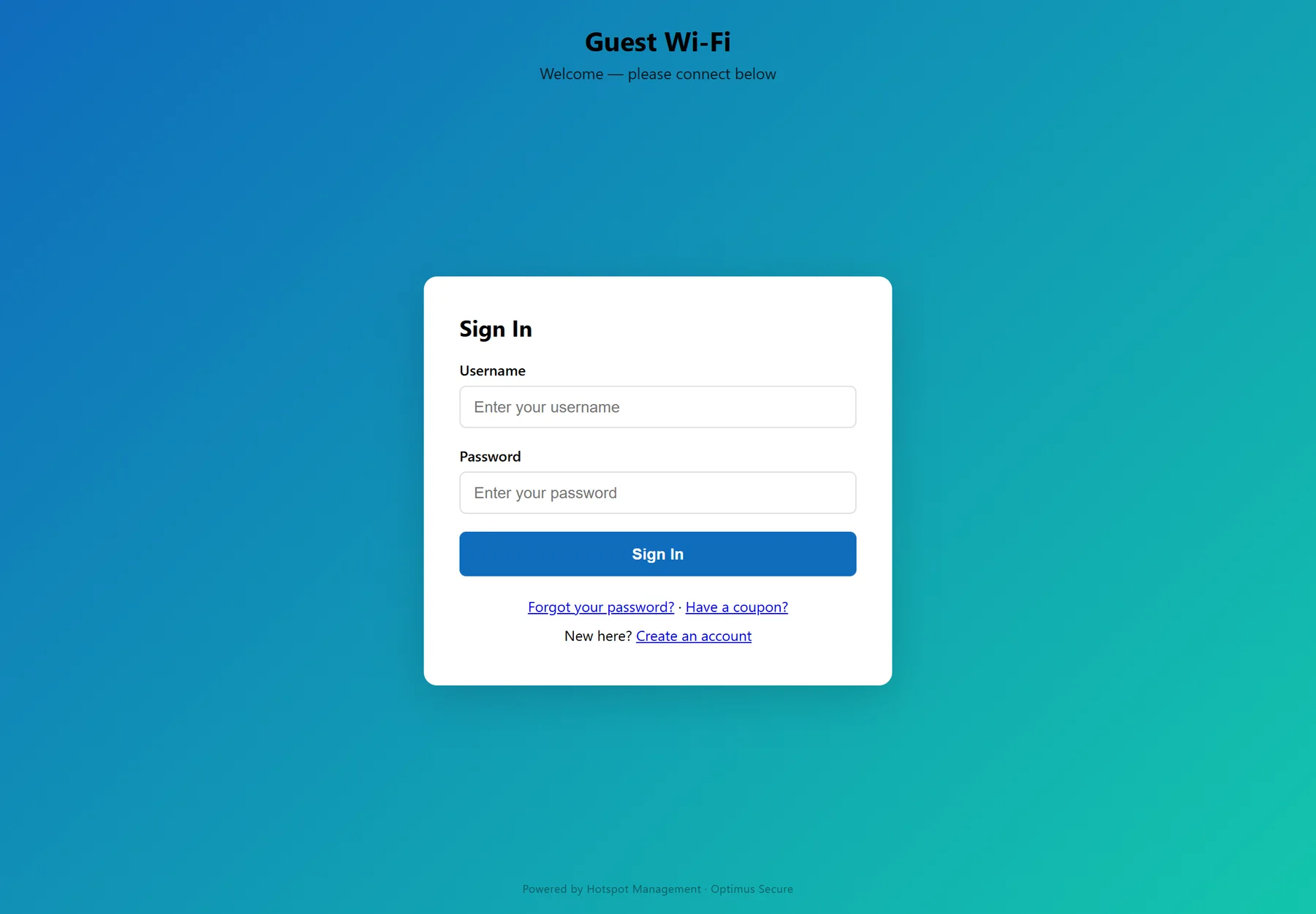 Branded guest captive portal sign-in page with forgot password, coupon and self-registration links