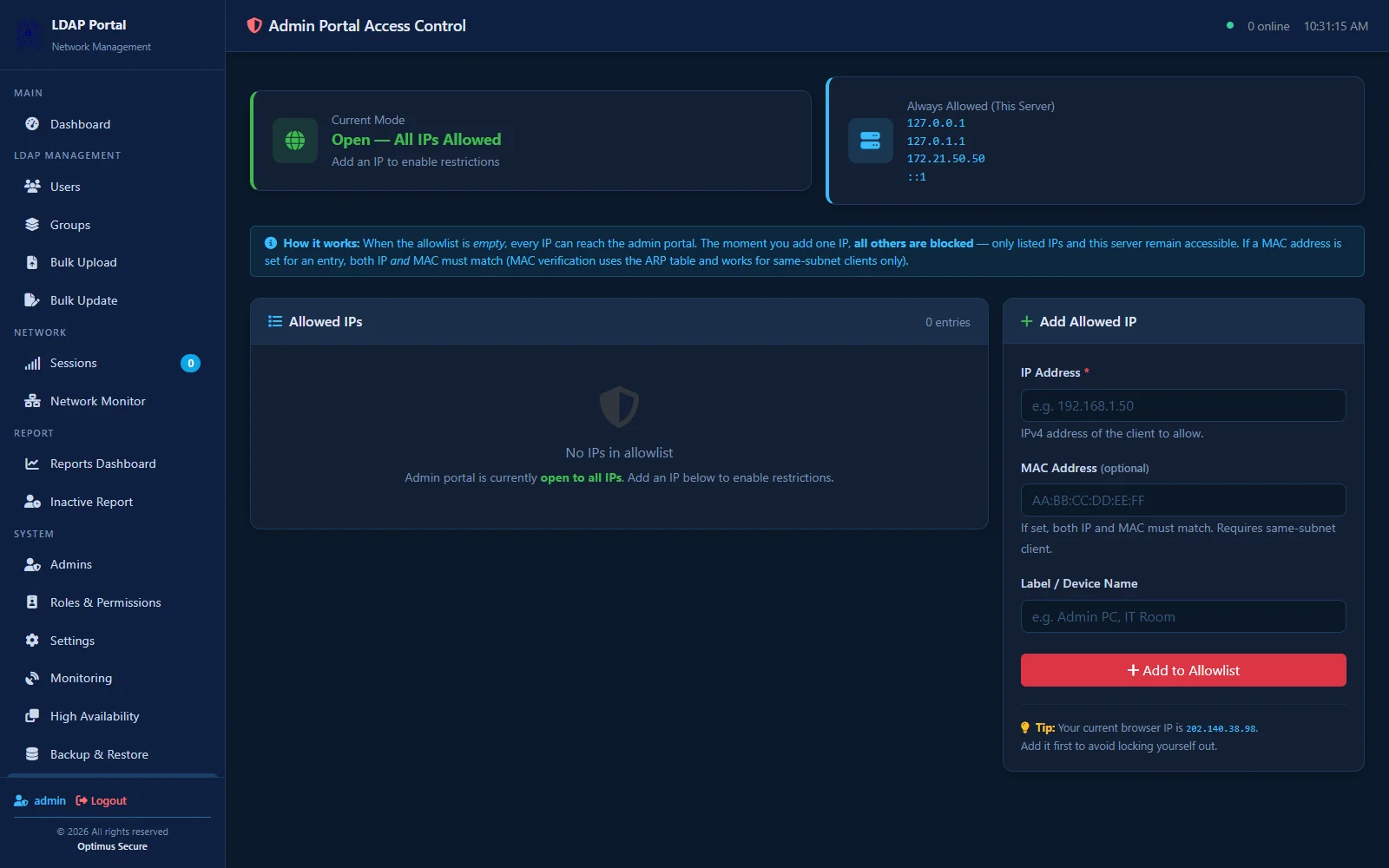 LDAP-Manager admin portal access control page showing IP allowlist configuration