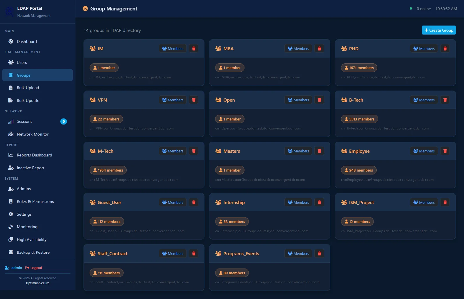 LDAP-Manager group management page showing LDAP directory groups and member counts