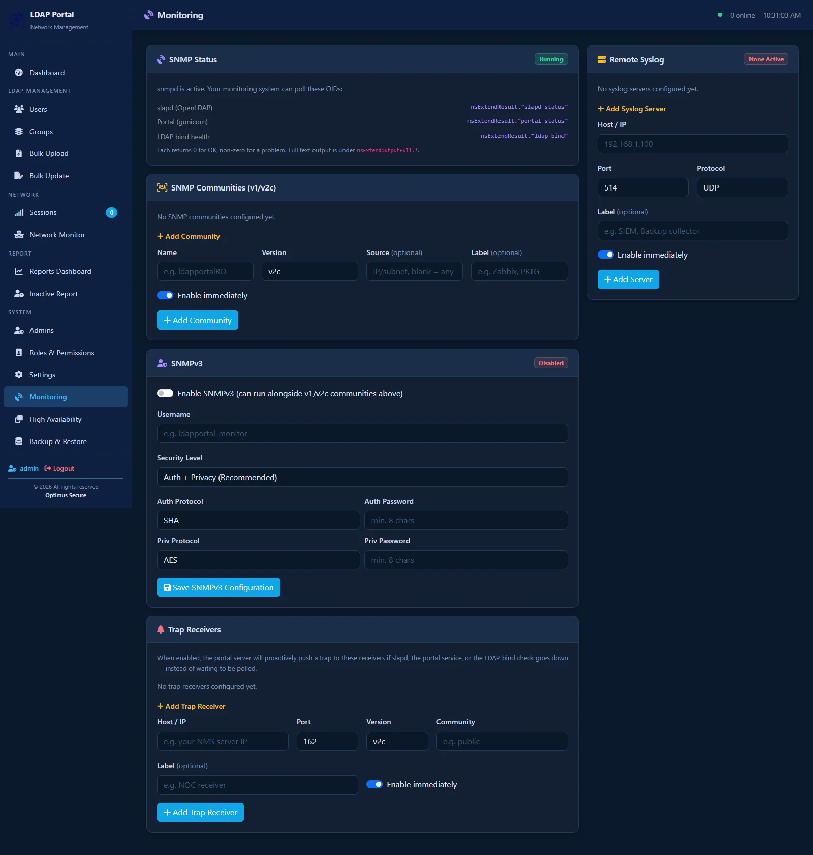 LDAP-Manager monitoring page showing SNMP status, communities, and syslog configuration