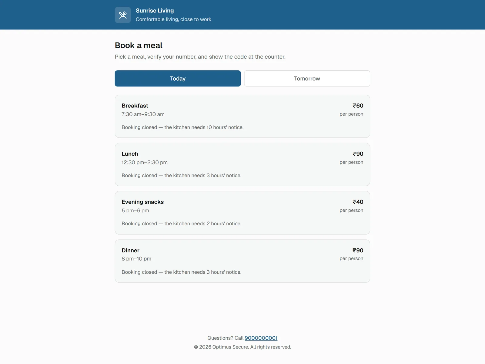 Nestora public guest meal booking page showing today's meals, timings and prices