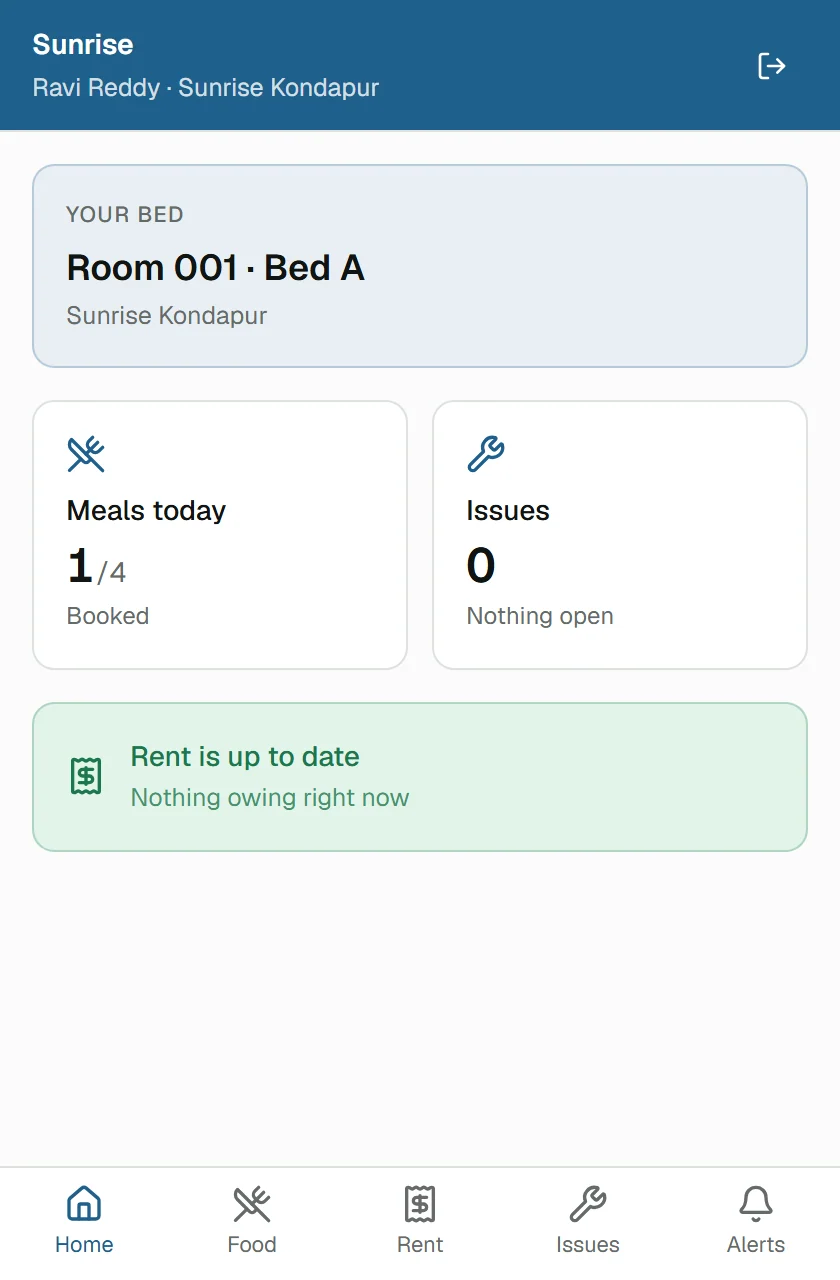 The Nestora resident app showing a resident's bed, meals booked today, open issues and rent status
