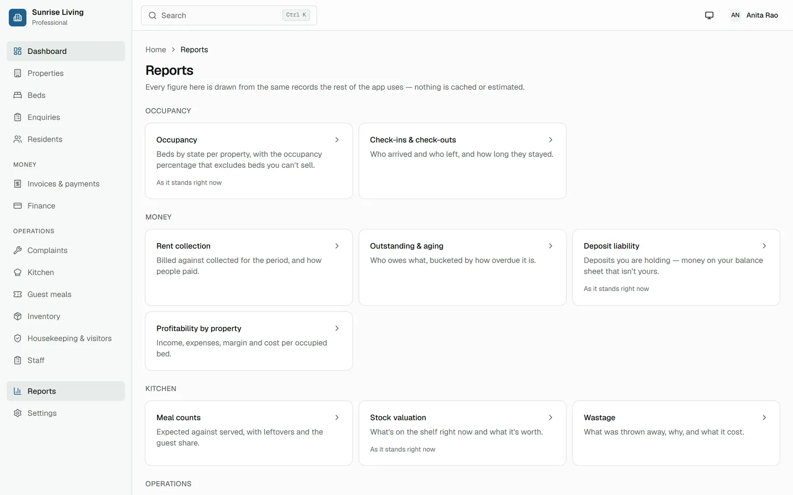 Nestora reports screen listing occupancy, collection, food cost and attendance reports